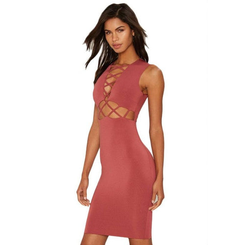 Evening Party Dress Womens Sleeveless Bodycon Slim Bandage Hollow Out Mini Dress Ladies Pink Dress vestido de festa &23 GS