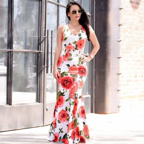 Fahsion Sexy Women Bodycon Ladies  Dresses Print Floral Boho Long Maxi Evening Party Dress Women robe femme GS