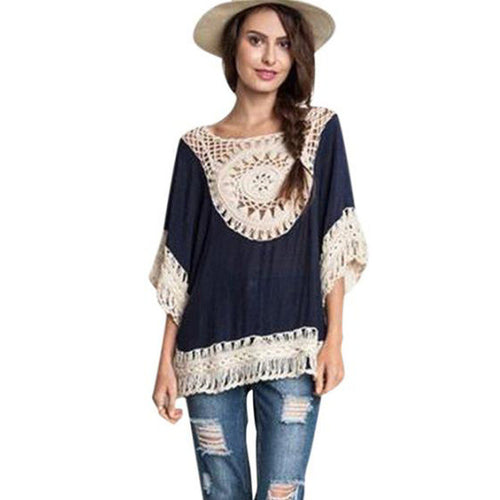 Fashion  Women tops and blouses Crochet Hollow Out Loose women shirts blouses Beach Wear Sunscreen Women Tops Blusa Mujer GS