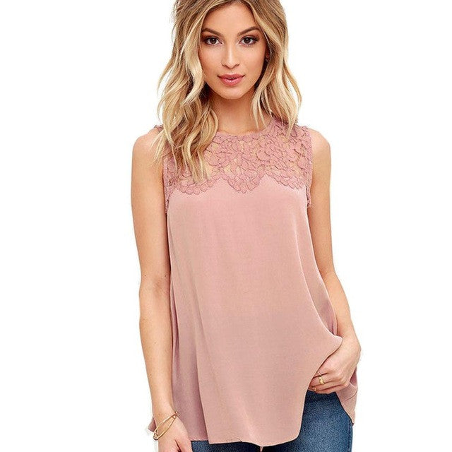 Fashion  Chiffon Shirts Women Hot Lace Splice Sleeveless Women's Blouses Sexy Casual Women tops S-XL  Pink White #03 GS