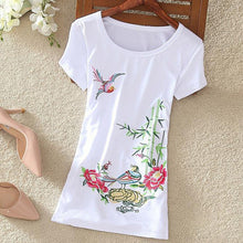Fashion  New Summer Short Sleeve T-shirts Chinese Style Flowers Embroidery T Shirts Plus Size Female Casual Women Tops 72608 GS