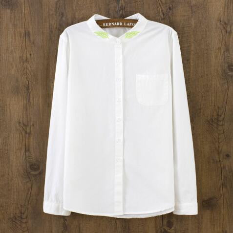 Fashion  New Women Leaves Embroidery Stand Collar Shirt White Long Sleeves Blouse Ladies Office Tops Shirt 33048 GS