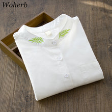 Fashion  New Women Leaves Embroidery Stand Collar Shirt White Long Sleeves Blouse Ladies Office Tops Shirt 33048 GS