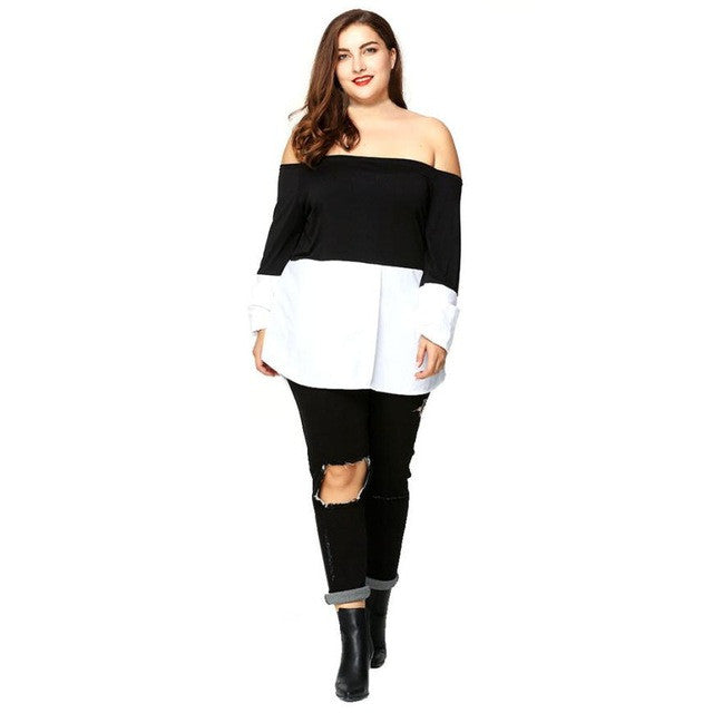 Fashion  Off Shoulder Blouse Women Sexy Women Black And White Patchwork Casual Long Sleeve Shirt Tops Plus Size L/3XL #23 GS