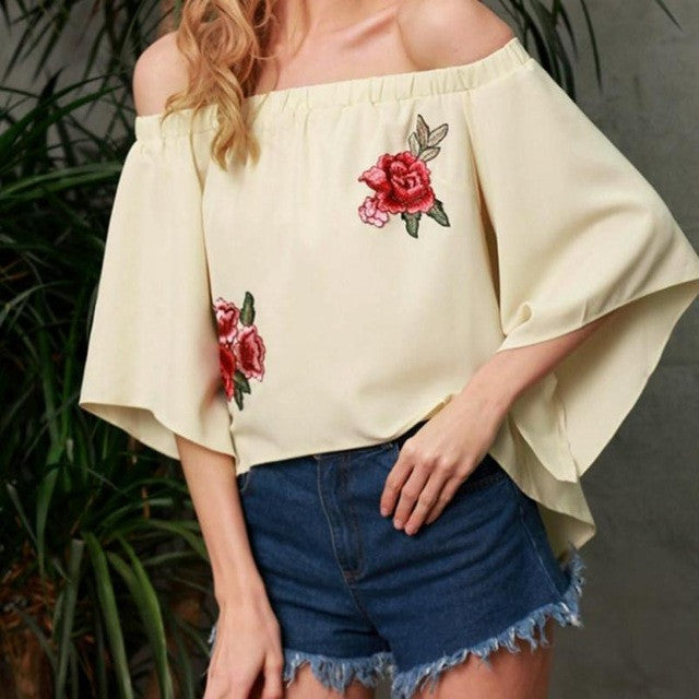 Fashion  Tops Women  Off Shoulder Foral Embroidery Womens Blouses Half Sleeve Loose Cold Shoulder Tops Ladies #23 GS