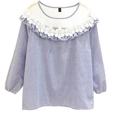 Fashion Applique Tops Shirt  Woman O-neck Gauze Lace Patckwork Blouses Long Lantern Sleeves Shirts 33045 GS