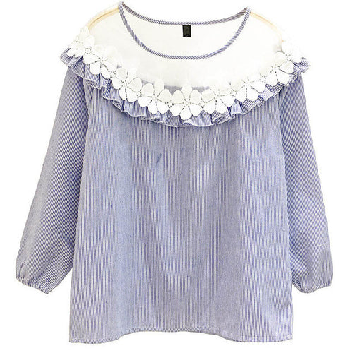 Fashion Applique Tops Shirt  Woman O-neck Gauze Lace Patckwork Blouses Long Lantern Sleeves Shirts 33045 GS