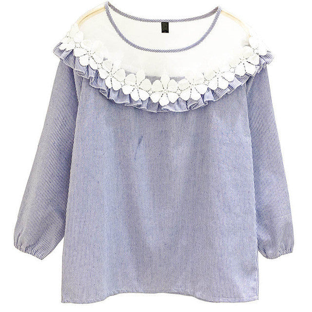 Fashion Applique Tops Shirt  Woman O-neck Gauze Lace Patckwork Blouses Long Lantern Sleeves Shirts 33045 GS