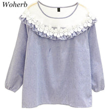 Fashion Applique Tops Shirt  Woman O-neck Gauze Lace Patckwork Blouses Long Lantern Sleeves Shirts 33045 GS