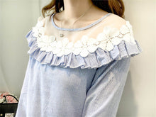 Fashion Applique Tops Shirt  Woman O-neck Gauze Lace Patckwork Blouses Long Lantern Sleeves Shirts 33045 GS