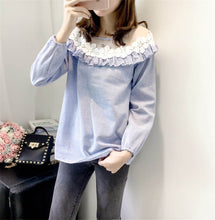 Fashion Applique Tops Shirt  Woman O-neck Gauze Lace Patckwork Blouses Long Lantern Sleeves Shirts 33045 GS