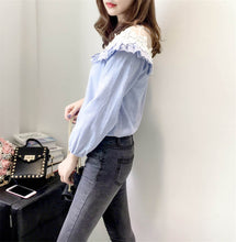 Fashion Applique Tops Shirt  Woman O-neck Gauze Lace Patckwork Blouses Long Lantern Sleeves Shirts 33045 GS