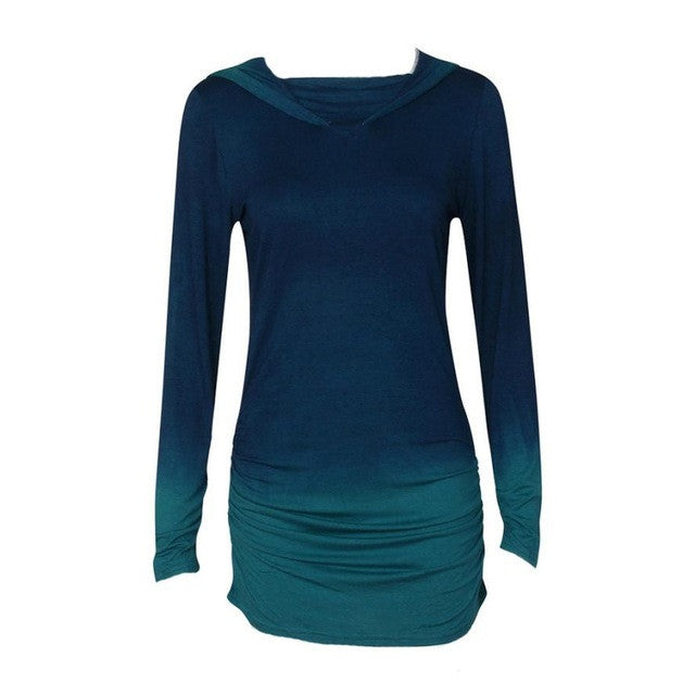 Fashion   Women T shirt Long Sleeve Hooded Gradient Color Tee Tops Female Blue Purple t-shirt woman vetement femme GS
