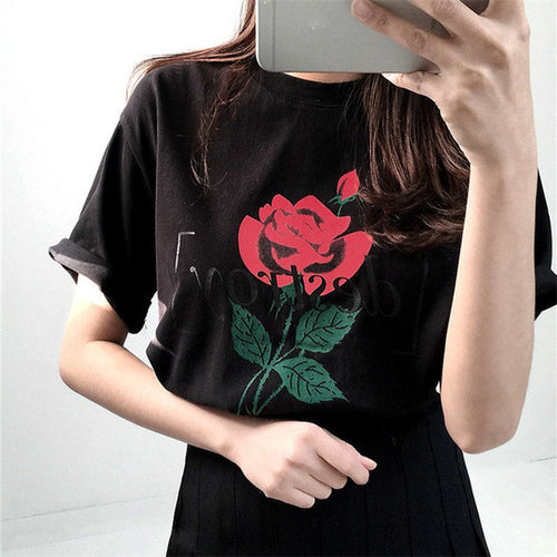 Fashion Harajuku Letter Rose Printed T shirt Women  New Arrival Short Sleeve Loose Tops Korean Casual feminino T-shirt 64374 GS