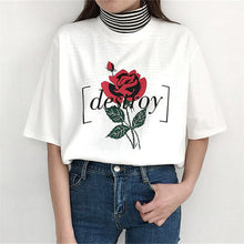 Fashion Harajuku Letter Rose Printed T shirt Women  New Arrival Short Sleeve Loose Tops Korean Casual feminino T-shirt 64374 GS