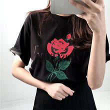 Fashion Harajuku Letter Rose Printed T shirt Women  New Arrival Short Sleeve Loose Tops Korean Casual feminino T-shirt 64374 GS