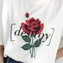Fashion Harajuku Letter Rose Printed T shirt Women  New Arrival Short Sleeve Loose Tops Korean Casual feminino T-shirt 64374 GS