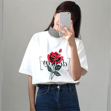 Fashion Harajuku Letter Rose Printed T shirt Women  New Arrival Short Sleeve Loose Tops Korean Casual feminino T-shirt 64374 GS