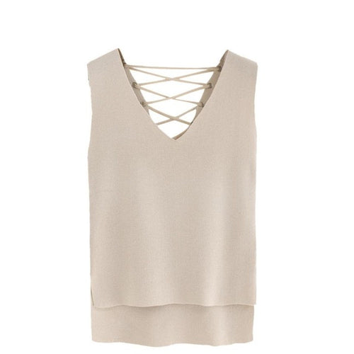 Fashion Knitted  Tanks Tops Women Irregualr Sleeveless Bandage V Neck Vest Tops Casual Tank Tops  Solid  #63 GS
