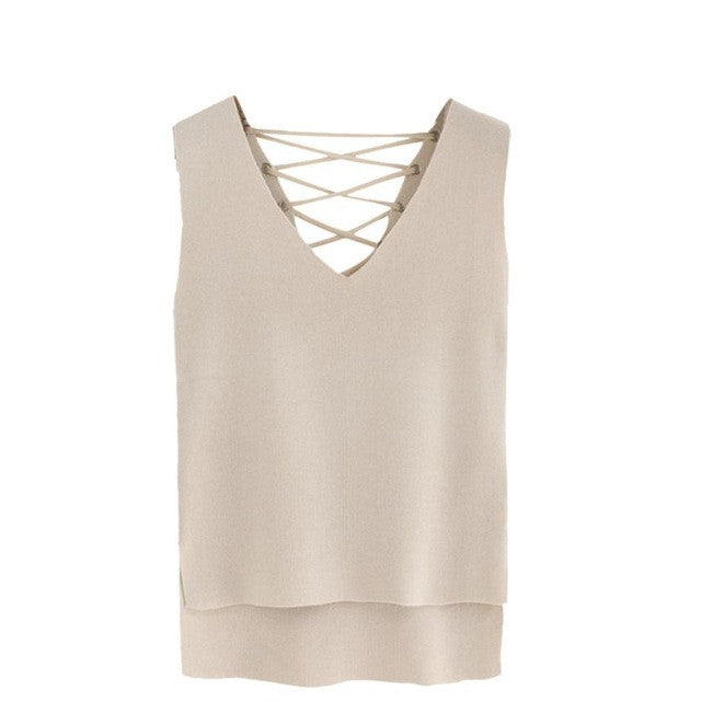 Fashion Knitted  Tanks Tops Women Irregualr Sleeveless Bandage V Neck Vest Tops Casual Tank Tops  Solid  #63 GS