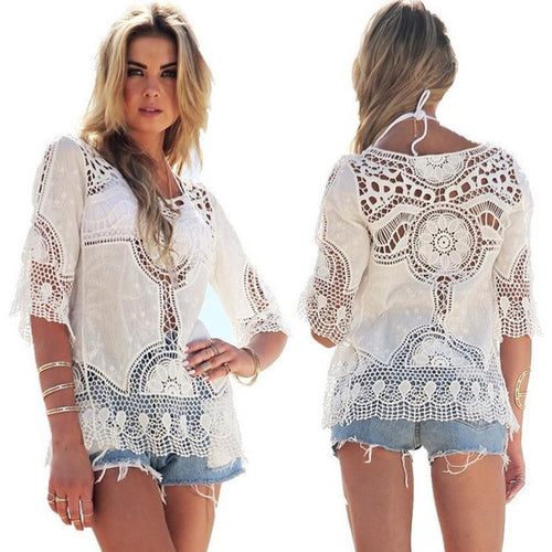 Fashion Ladies Tops O-Neck Half Sleeve white lace blouse Hollow Out women blouses   Blusa Feminina,camisa mujer GS