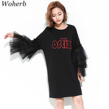Fashion Letter Embroidery New  European Summer Women Vestidos Patchwork Lace Flare Sleeve Dress Brief Dresses Plus Size GS