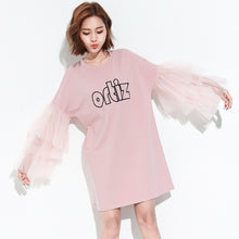 Fashion Letter Embroidery New  European Summer Women Vestidos Patchwork Lace Flare Sleeve Dress Brief Dresses Plus Size GS