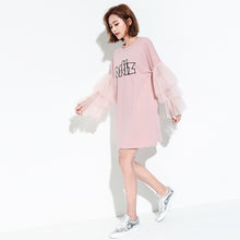 Fashion Letter Embroidery New  European Summer Women Vestidos Patchwork Lace Flare Sleeve Dress Brief Dresses Plus Size GS
