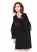 Fashion Letter Embroidery New  European Summer Women Vestidos Patchwork Lace Flare Sleeve Dress Brief Dresses Plus Size GS