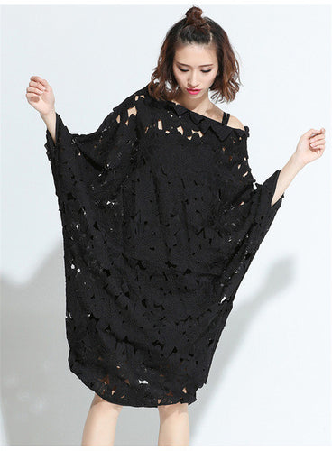 Fashion New  European Summer Women Slash Neck Vestidos Batwing Sleeve Hollow Out Lace Dress Brief Black Dresses Plus Size GS