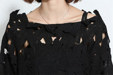 Fashion New  European Summer Women Slash Neck Vestidos Batwing Sleeve Hollow Out Lace Dress Brief Black Dresses Plus Size GS