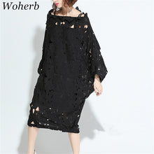Fashion New  European Summer Women Slash Neck Vestidos Batwing Sleeve Hollow Out Lace Dress Brief Black Dresses Plus Size GS