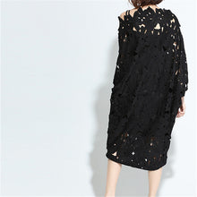 Fashion New  European Summer Women Slash Neck Vestidos Batwing Sleeve Hollow Out Lace Dress Brief Black Dresses Plus Size GS