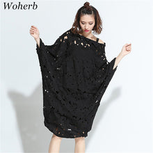 Fashion New  European Summer Women Slash Neck Vestidos Batwing Sleeve Hollow Out Lace Dress Brief Black Dresses Plus Size GS