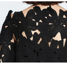Fashion New  European Summer Women Slash Neck Vestidos Batwing Sleeve Hollow Out Lace Dress Brief Black Dresses Plus Size GS