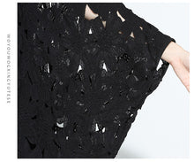 Fashion New  European Summer Women Slash Neck Vestidos Batwing Sleeve Hollow Out Lace Dress Brief Black Dresses Plus Size GS