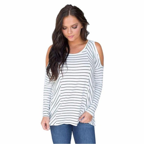 Fashion Sexy Tops  T Shirt Women Off Shoulder Casual Long Sleeve T Shirt Loose Striped Casual Poleras De Mujer  GS