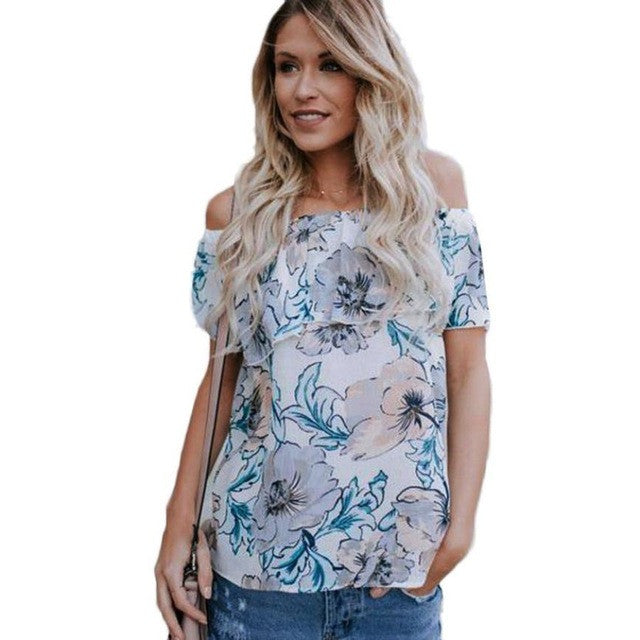 Fashion T Shirts Women   Women Off Shoulder Floral Printed Casual Tee Tops T-shirt Woman Camisetas Mujer #417 GS