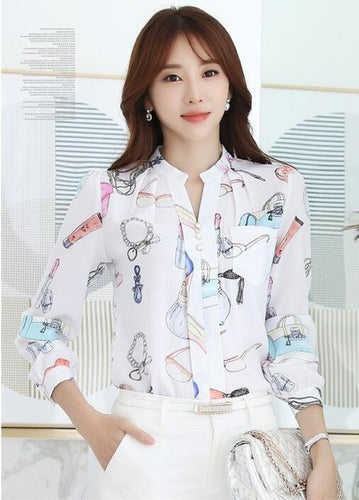 Fashion Woman Tops Shirt  Causal Stand Collar Blouses Long Sleeves Shirts Loose Female Office Work Wear Tops Shirt 33059 GS