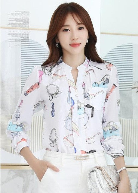 Fashion Woman Tops Shirt  Causal Stand Collar Blouses Long Sleeves Shirts Loose Female Office Work Wear Tops Shirt 33059 GS