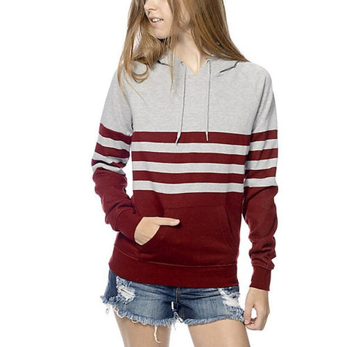 Fashion Women   Striped Print Hooded T shirt Long Sleeve Pocket Tee Shirt Femme Women Clothes Ropa Mujer #1121 GS