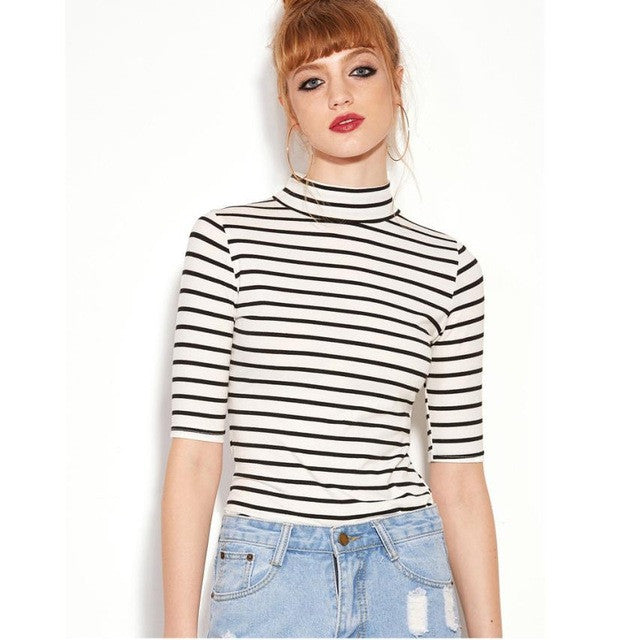 Fashion Women Black And White Striped Half Sleeve   Basic T-shirt Turtlneck Slim Women Tops  GS