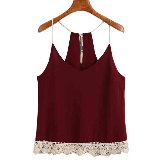 Fashion Women Lace Chiffon Tank Top Sleeveless Red Vest Trimmed Tasselled Drawstring Tank Tops Female verano  #23 GS