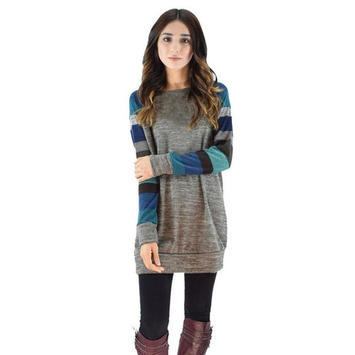 Fashion Women Long Style Casual Loose Strip Splice O-Neck   Long Sleeve T Shirt Female camisetas manga larga #1121 GS