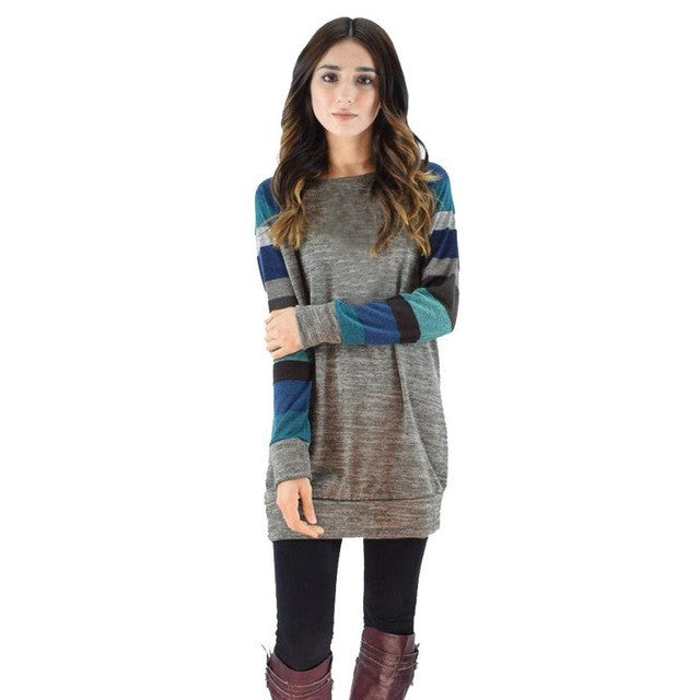 Fashion Women Long Style Casual Loose Strip Splice O-Neck   Long Sleeve T Shirt Female camisetas manga larga #1121 GS