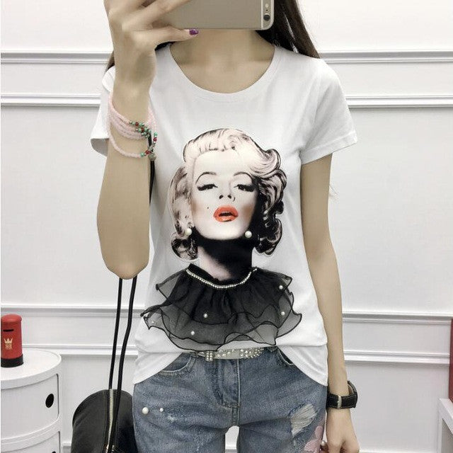 Fashion Women Shirt  Woman Head Print Short Sleeve Tee 3D Lace Decoration T-shirt Loose White Plus Size Tops Tee 33003 GS