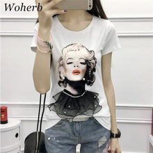 Fashion Women Shirt  Woman Head Print Short Sleeve Tee 3D Lace Decoration T-shirt Loose White Plus Size Tops Tee 33003 GS