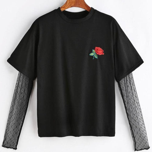 Fashion Women  Embroidery Flower Short Sleeve Mesh Splice harajuku women tshirs for   poleras de mujer #420 GS
