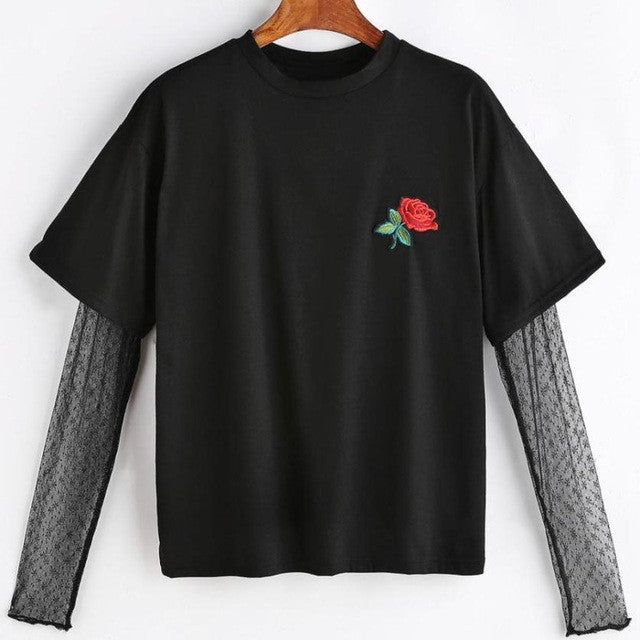 Fashion Women  Embroidery Flower Short Sleeve Mesh Splice harajuku women tshirs for   poleras de mujer #420 GS