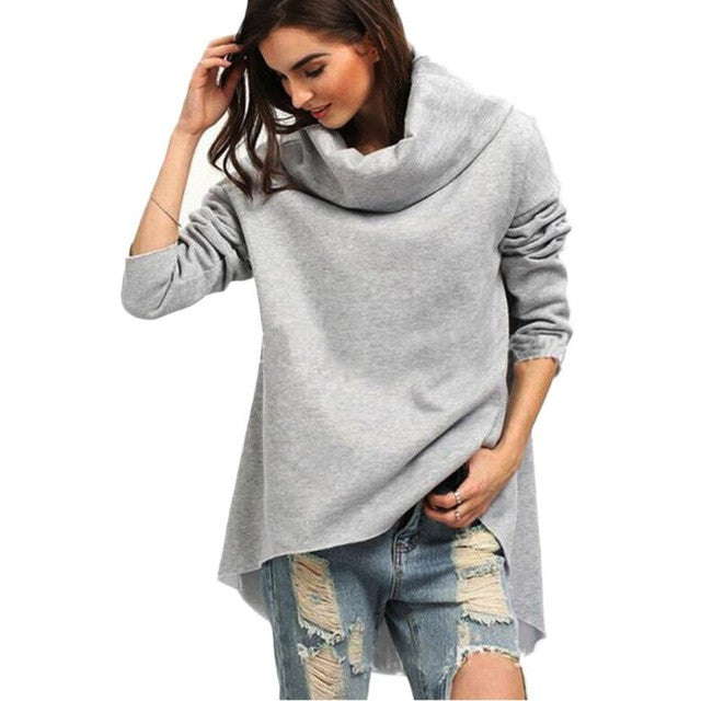 Fashion Women Turtleneck T-Shirt Casual Loose Long Sleeve Irregular Tops Cotton European Women Clothing Tee Shirt Femme #1207 GS